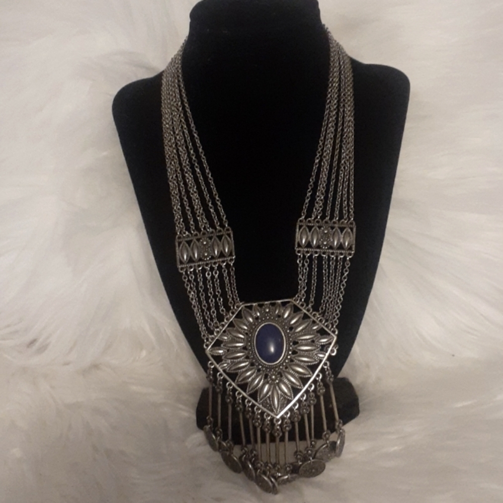 Vtg 80s Boho Fringe Bibcoin Statement Afghan Tribal Style Silver Tone Necklace